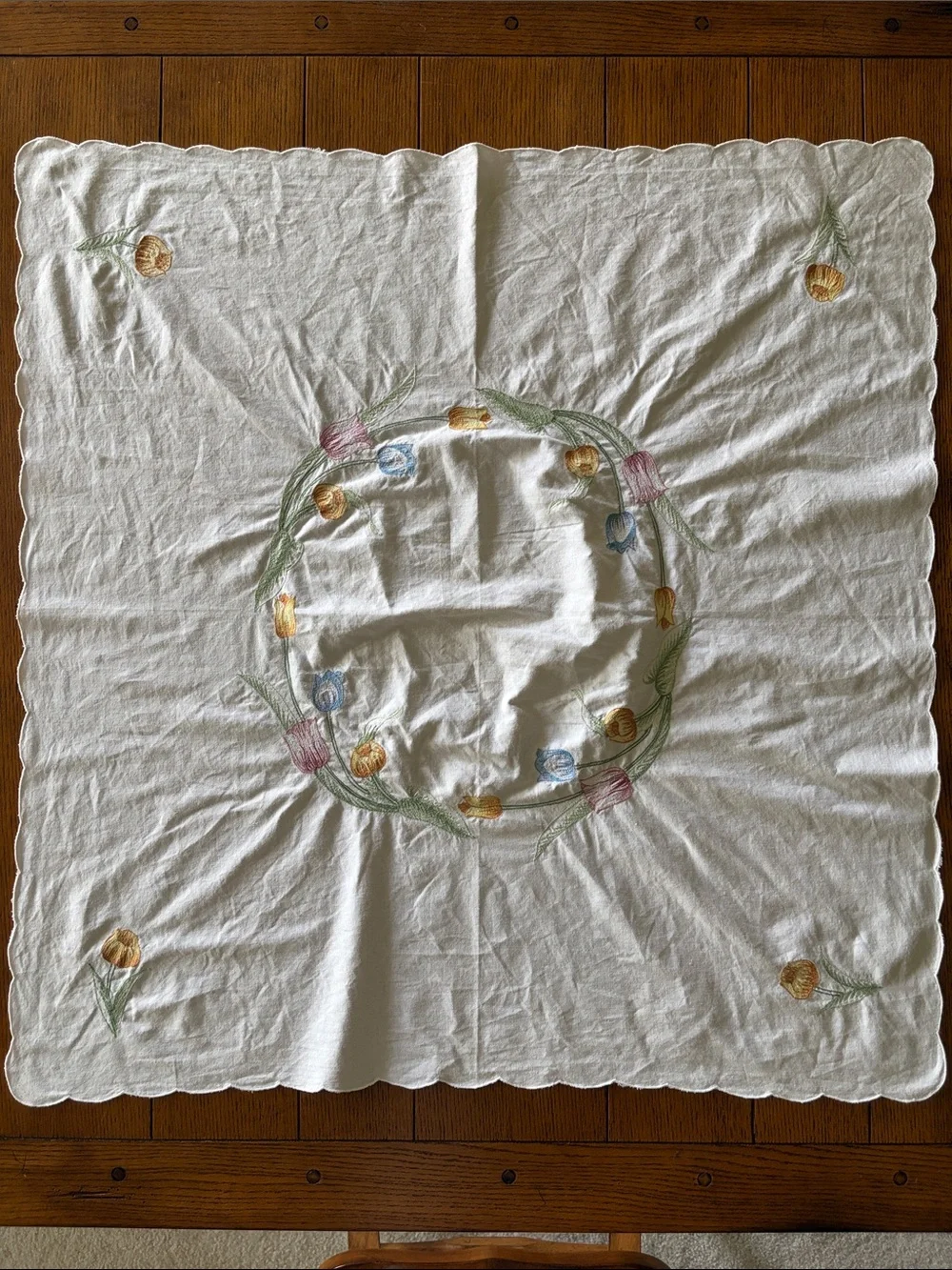 Vintage Embroidered Floral White Table Linen